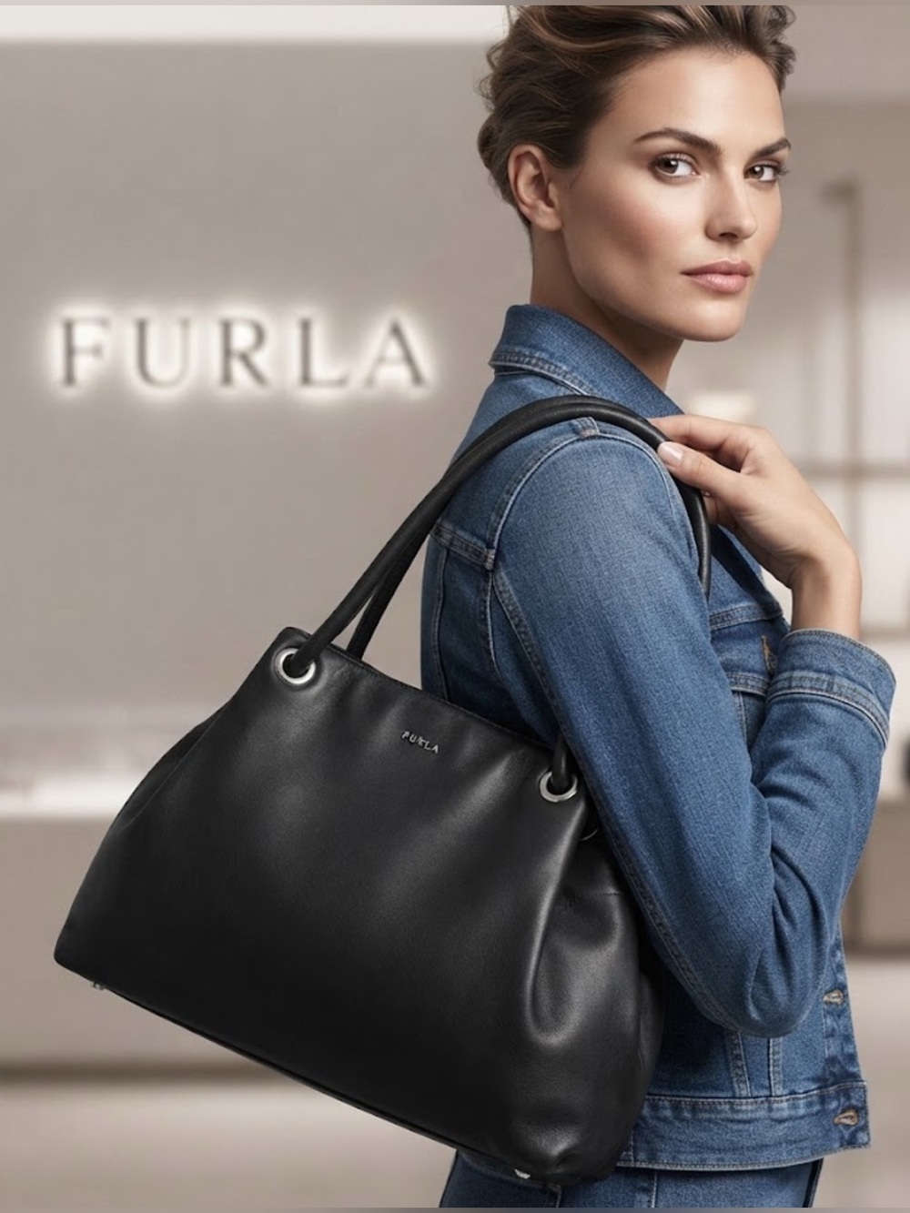 Authentic Furla designer soft black leather handbag purse